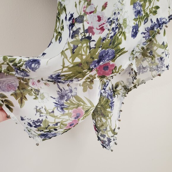 White Kimono Floral Ruffle Style Cardigan Sheer Beaded S Small Handkerchief Hem - Picture 10 of 12